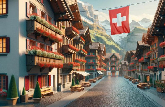 Waving Swiss flag in small town in Switzerland