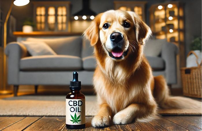 Dog and a bottle of CBD oil