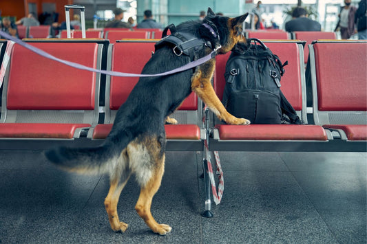 Police dog sniffing a backpack