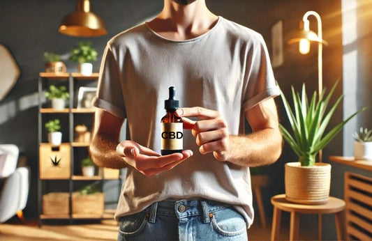 A person holding a bottle of CBD oil