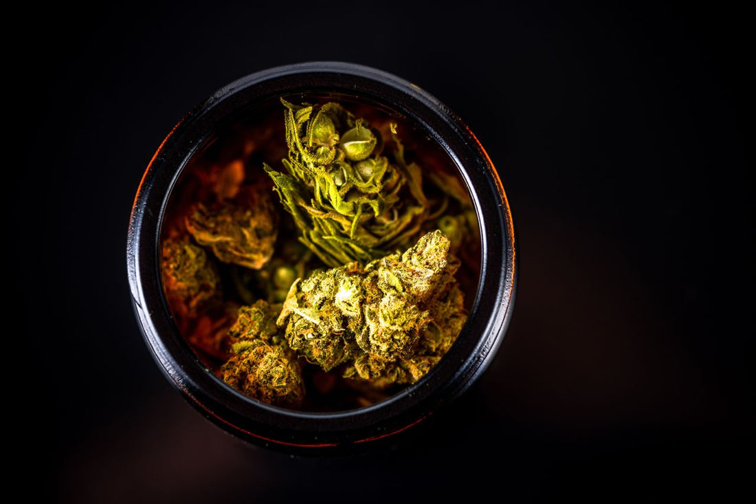 A jar full of cannabis flowers and buds