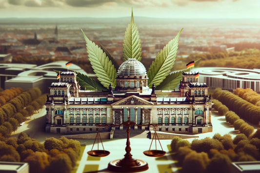 German building with cannabis leaves.