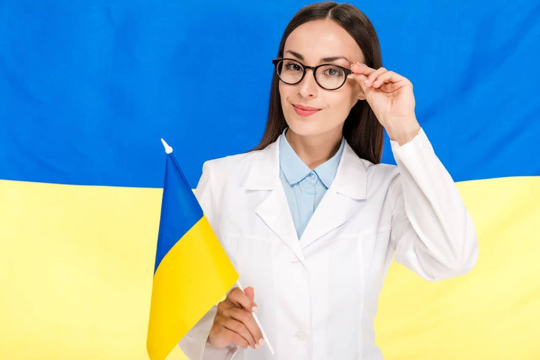 Doctor holding a Ukranian flag