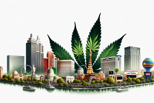 Nevada's skyline with cannabis leaves in the back