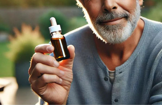 Old person holding a small bottle