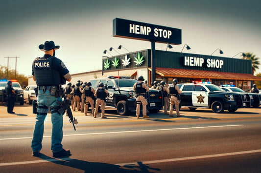 Policeman in front of a hemp store
