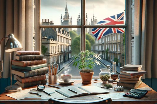 Waving flag of UK outside the window