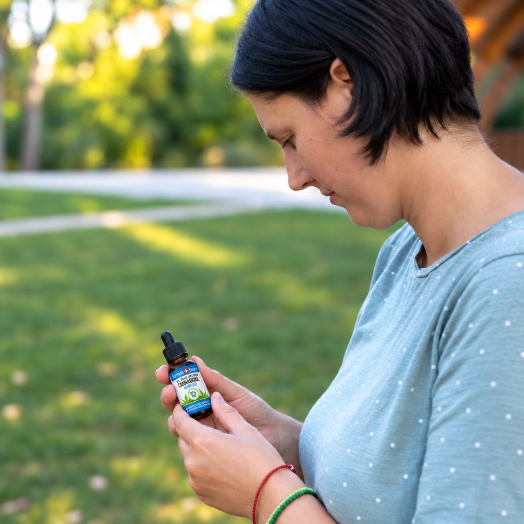 A woman outdoors in a park setting, holding and reading a small bottle of CBD oil. She is wearing a light blue polka-dot t-shirt and red and green bracelets.