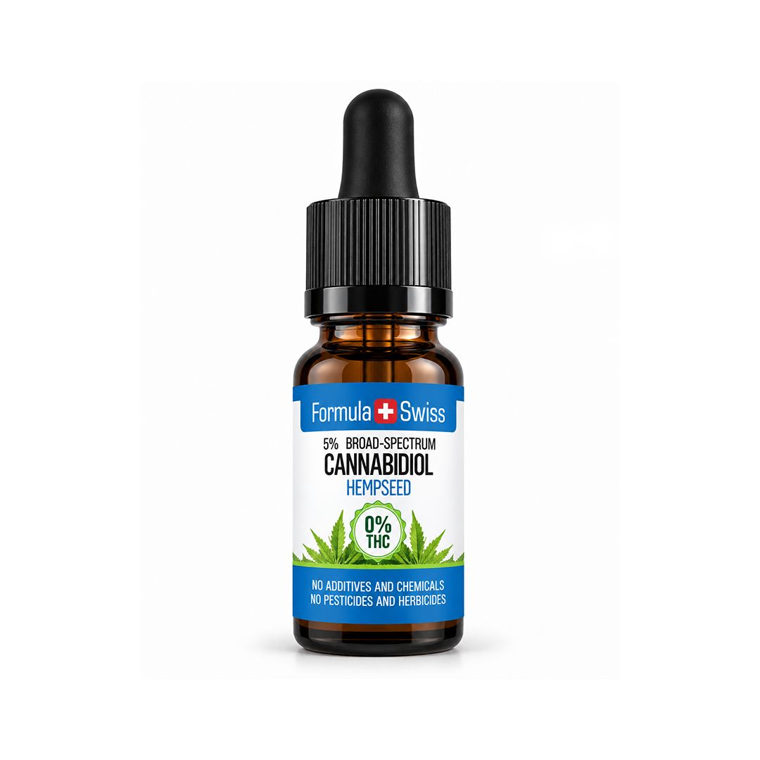 A small amber glass dropper bottle of Formula Swiss Cannabidiol Hempseed oil with a black cap and a white label featuring blue bands and green hemp leaves, centered on a white background.