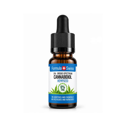 A small amber glass dropper bottle of Formula Swiss Cannabidiol Hempseed oil with a black cap and a white label featuring blue bands and green hemp leaves, centered on a white background.