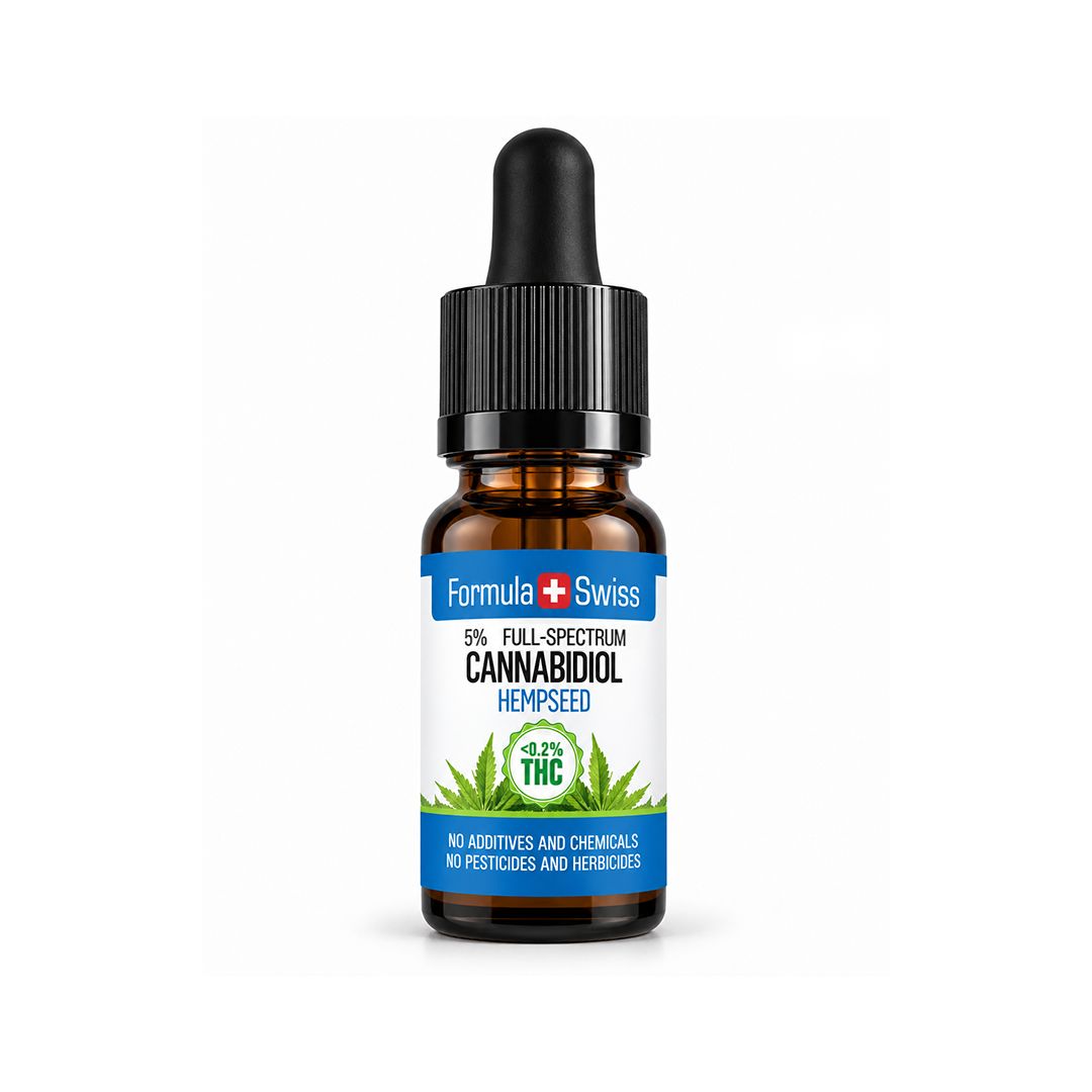 A small amber glass dropper bottle of Formula Swiss Cannabidiol Hempseed oil with a black cap and a white label featuring blue bands and green hemp leaves, centered on a white background.