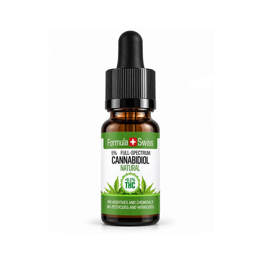 A 10 mL amber glass dropper bottle of Formula Swiss 5% Full-Spectrum Cannabidiol Natural CBD oil, featuring a black dropper cap and a white and green label with a cannabis leaf graphic, set against a plain white background.
