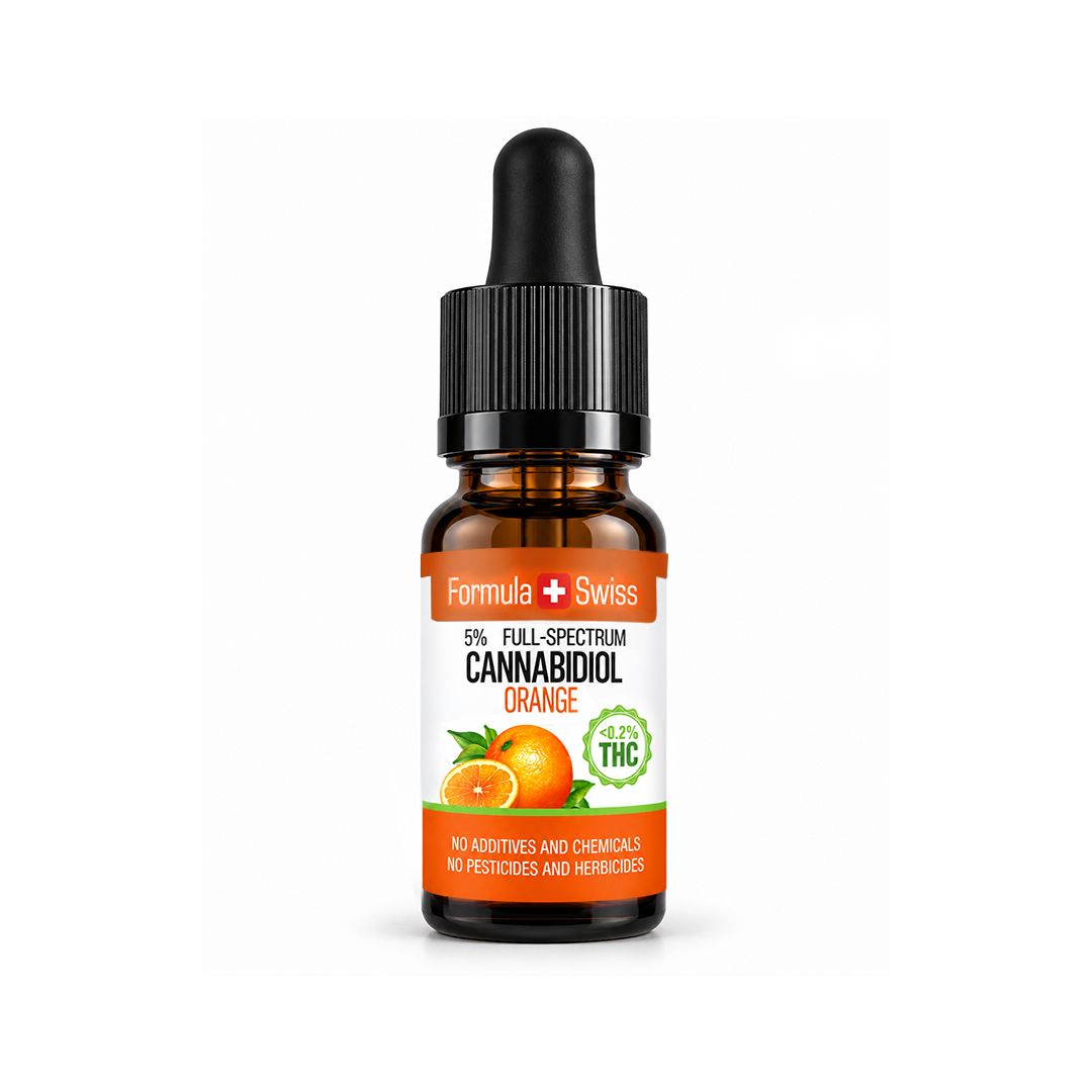 A small amber glass dropper bottle with a black cap and a white-and-orange label reading Formula Swiss, Cannabidiol Orange, 5% Full-Spectrum CBD, and <0.2% THC, shown on a clean white background.