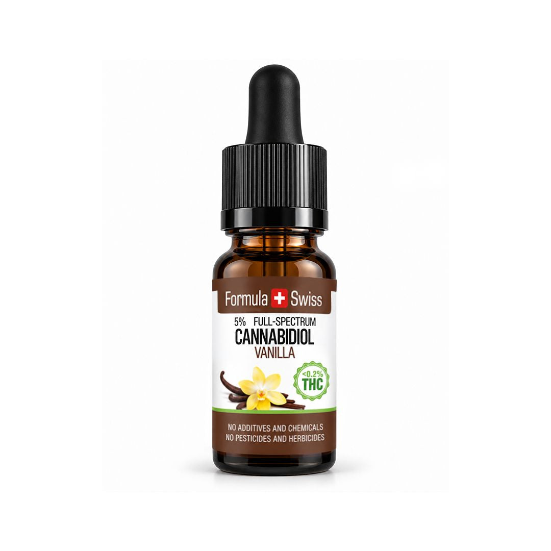 A small amber glass dropper bottle of Formula Swiss Cannabidiol Vanilla 5% full-spectrum CBD oil, featuring a black dropper cap and a white label with vanilla flower illustrations, set against a plain white background.
