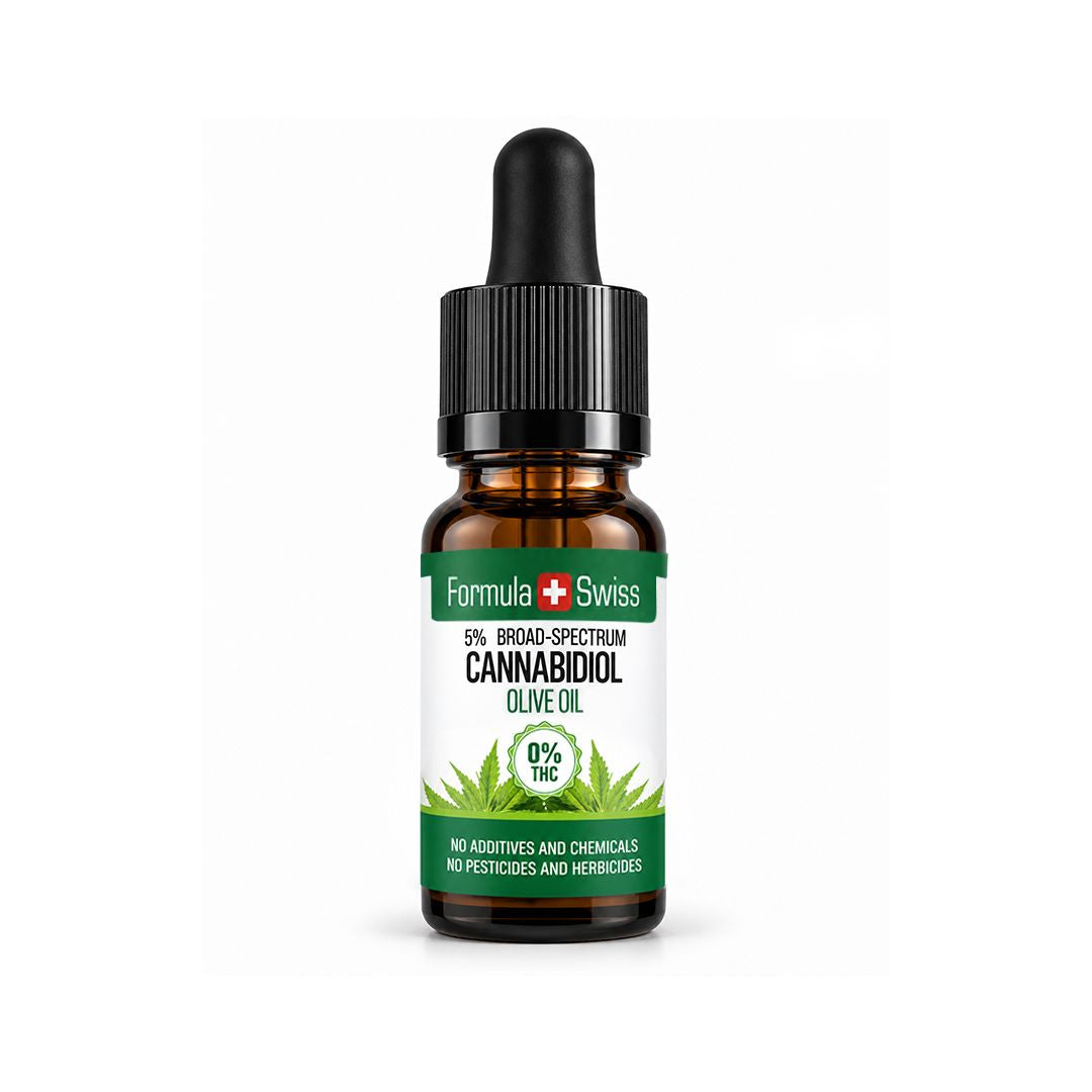 A small amber glass dropper bottle of Formula Swiss Cannabidiol Olive Oil 0% THC with a black cap and white label, centered on a light gray background.