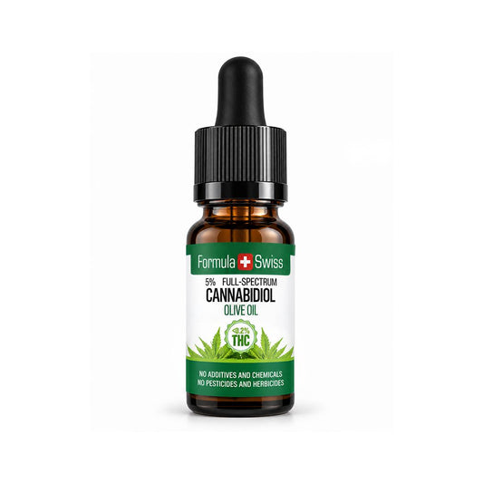 A small amber glass dropper bottle of Formula Swiss Cannabidiol Olive Oil <0.2% THC with a black cap and white label, centered on a light gray background.
